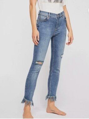 Free People "Great Heights" Frayed Blue Skinny Jeans With Ripped Knees - Size 27